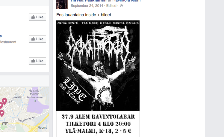 Skärmdump från restaurang Alems Facebooksida med reklam för Goatmoons tidigare spelning.
